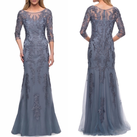 NWT La Femme Floral Lace & Tulle Gown Slate Gray sz 8 Mother of the Bride Sheath